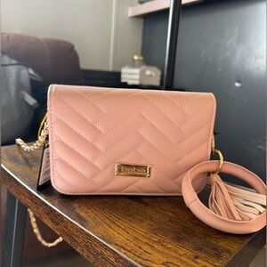 bebe Quilted Blush Crossbody Bag Chain Strap Logo Gold Hardware & Keychain NWT